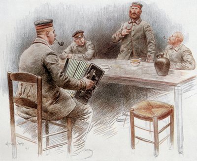 Fanger som spiller trekkspill og synger i fangeleiren i Dinan av Maurice Henri Orange