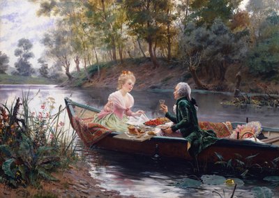 En romantisk lunsj (olje på panel) av Maurice Leloir