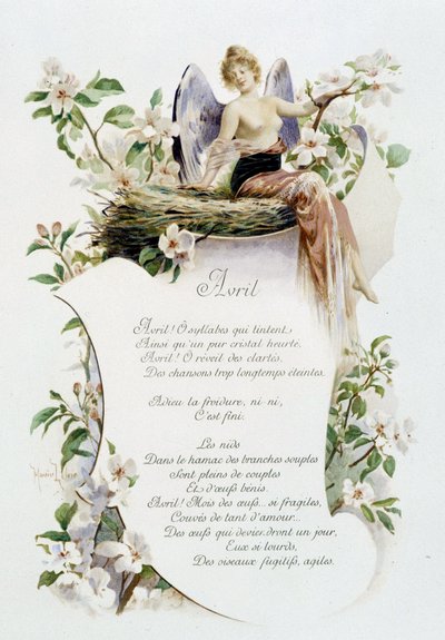 April "Månedens sang" av Jérôme Doucet, illustrasjon - Maurice Leloir, red. Reims 1904. L. Michaud av Maurice Leloir
