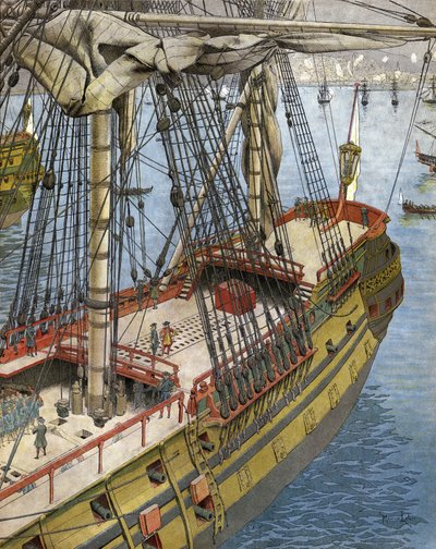 Bombardement og brann av byen Alger i 1682: Abraham Marquis Duquesne (mellom 1604 og 1610-88), en offiser i den franske marinen, ser fra skipet sitt effekten som ble produsert av bombegaliotene. Kromotypografi i "" Le Roy Soleil"" (Louis XIV) av Gu av Maurice Leloir