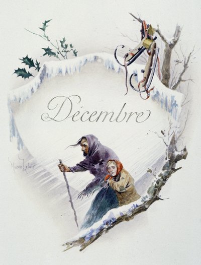 Desember "" Månedens sang"" av Jérôme Doucet, illustrasjon - Maurice Leloir, red. Reims 1904. L. Michaud av Maurice Leloir
