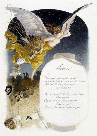 Februar "" Månedens sang"" av Jérôme Doucet, illustrasjon - Maurice Leloir, red. Reims 1904. L. Michaud av Maurice Leloir