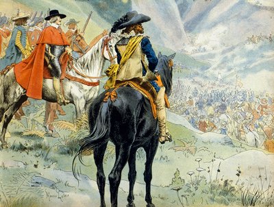 Frankrikes historie: Mantuas arvefølgekrig (1628–1631) under trettiårskrigen. Slaget ved Pas de Suze (Susa) som representerer kong Ludvig XIII (1601-1643) og kardinal Richelieu (Armand Jean du Plessis av Maurice Leloir