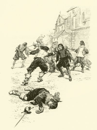 Illustrasjon for The Three Musketeers (gravering) av Maurice Leloir