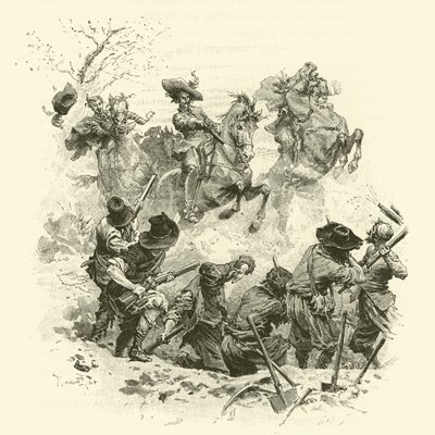 Illustrasjon for The Three Musketeers (gravering) av Maurice Leloir