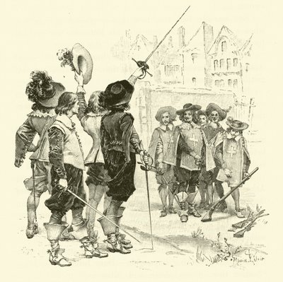 Illustrasjon for The Three Musketeers (gravering) av Maurice Leloir