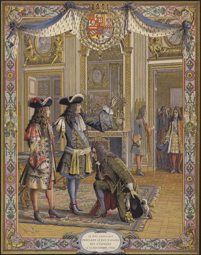 Kong Ludvig XIV, Duc dAnjou, utropt til konge av Spania, og mottok hyllingen av sin ambassadør av Maurice Leloir