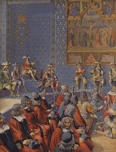 Kong Ludvig XIV sitter i støvler ved parlamentet av Maurice Leloir