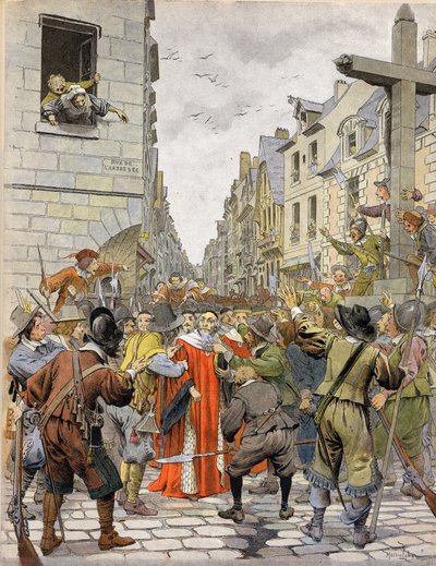 La Fronde: Journees des Barricades (August 1648): At the cross of Trahoir (at the corner of Saint Honore streets (Saint-Honore) and of the Dry Arbre in Paris), the crowd demands that Mathieu Mole (1584-1656), first Speaker of Parliament, go to the Palais R av Maurice Leloir