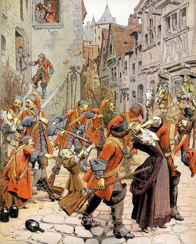 Les Dragonnades (1681-1685): dispersal of a Protestant family by the troops of dragons charged with converting Protestants. Chromotypography in “” Le Roy Soleil”” (Louis XIV) by Gustave Toutwelve, Illustration by Maurice Leloir (1853-1940) av Maurice Leloir