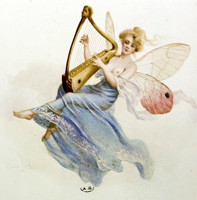 Musikk: fe som spiller harpe. I ""Månedens sang"" av Jérome Doucet av Maurice Leloir