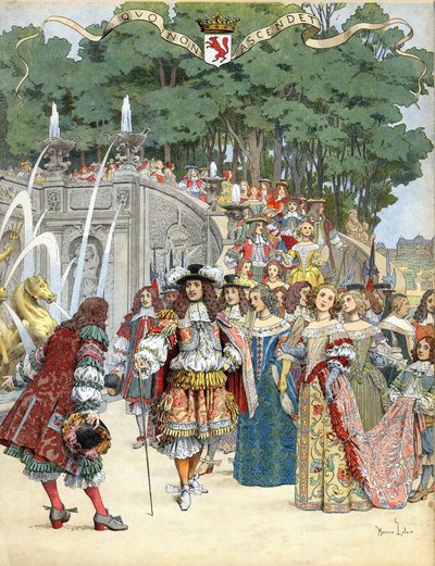 Nicolas Fouquet mottar den engelske kongen Ludvig XIV i sitt slott Vaux Le Vicomte, Frankrike, 17. august av Maurice Leloir