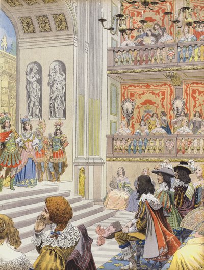 Opptreden i teateret til Palais Cardinal of Mirame, stykket skrevet av Richelieu og Desmarets av Maurice Leloir
