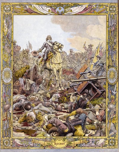 Prins Louis II av Bourbon Conde (Bourbon-Conde), kjent som Grand Conde (1621-1686), hertugen av Enghien som hilser liket av greven av Fontaine i slaget ved Rocroi (Rocroy) mot spanjolene, 19. mai av Maurice Leloir