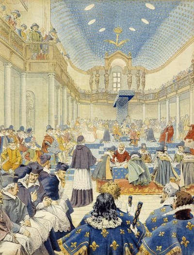 Richelieu holdt talen, i kontoristens navn, på det avsluttende møtet for statsgeneralene i 1614 - i "Richelieu" av Maurice Leloir. av Maurice Leloir
