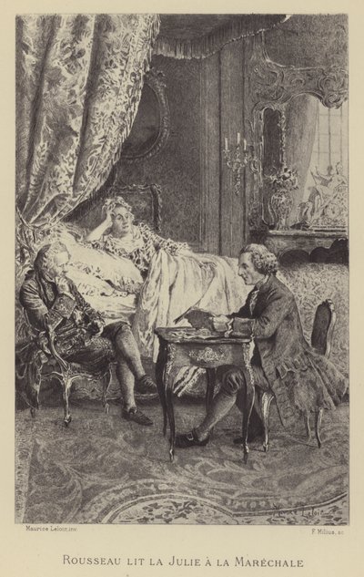 Rousseau leser romanen sin Julie to la Marechale (gravyr) av Maurice Leloir