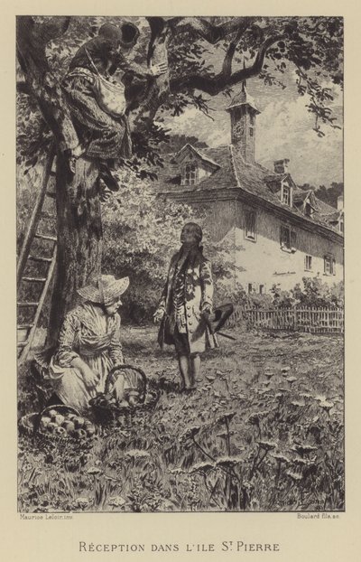 Rousseaus mottakelse på Ile St Pierre (gravering) av Maurice Leloir