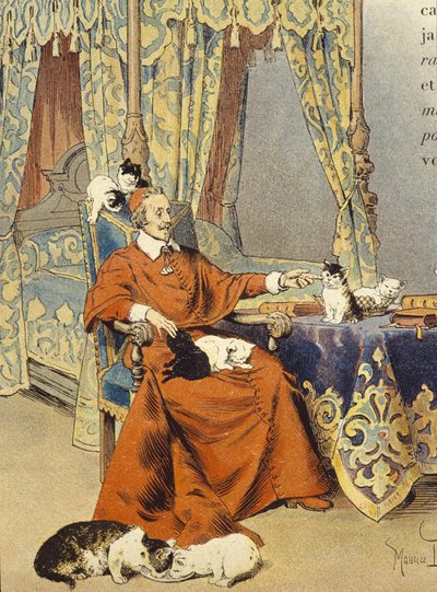 Kardinalen leker med kattene sine han elsket spesielt - i "" Richelieu"" av Maurice Leloir, deb. Det 20. århundre av Maurice Leloir