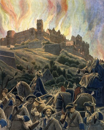 The Fire of the castle of Heidelberg bombed by the French forces of General Ezechiel du Mas, Count of Melac (1630-1704) during the War of the League of Augsburg in 1689 and 1693. Chromotypography in “” Le Roy Soleil”” (Louis XIV) by Gustave Toutwelve, Illu av Maurice Leloir