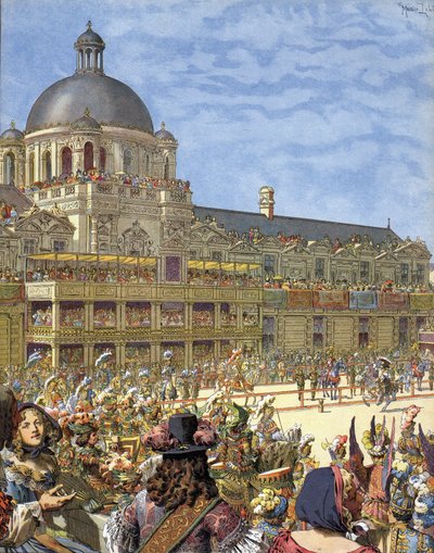 Den kongelige karrusellen (ridderturnering), gitt i 1662, foran Palais des Tuileries i Paris under Ludvig XIV kjent som Le Roi-Soleil (Kong Soleil eller Ludvig den Store av Maurice Leloir