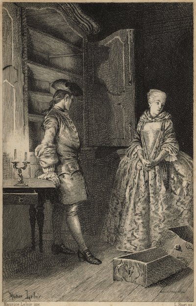 oppdagelsen av Vol - i "History of Manon Lescaut and the Chevalier Des Grieux" av Abbe Prevost (1697-1763), fransk forfatter. Gravering etter tegninger av Maurice Leloir (1885). av Maurice Leloir