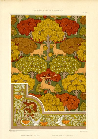 Dekorativt skogmønster med hjort og trær (lito) av Maurice Pillard Verneuil