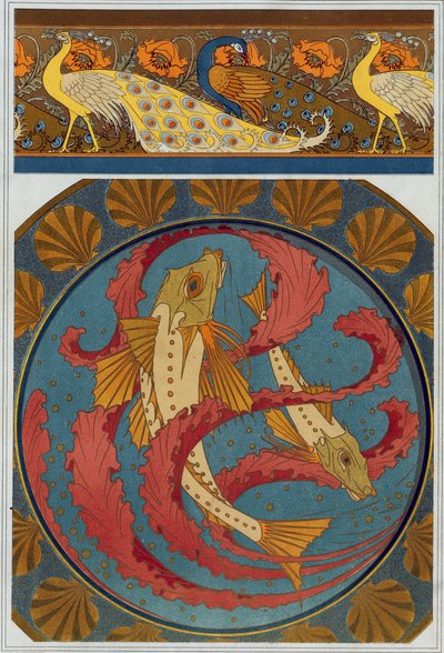 Design for påfugl- og valmuekant, og emaljeplate med dekor av Gurnards og Seaweed med en kamskjellomring, fra 'L'Animal dans la Decoration' av Maurice Pillard Verneuil, pub. 1897 (fargelitografi) av Maurice Pillard Verneuil