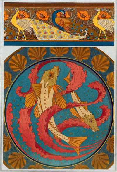 Design for Peacock and Poppy Border, pub. 1897. av Maurice Pillard Verneuil