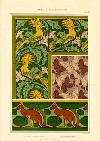 Eksotiske dyremotiver: Kakaduer, sommerfugler og kenguruer (litografi) av Maurice Pillard Verneuil