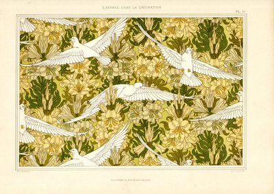 Tekstilmønster med hvite duer og liljer (lito) av Maurice Pillard Verneuil