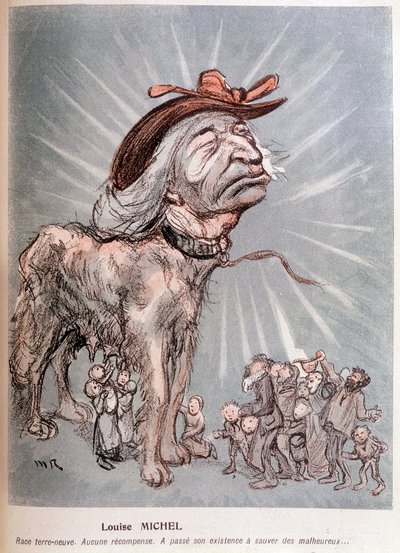 Tegneserie av Louise Michel som en hundrase Newfoundland (Newfoundland), uten kompensasjon, brukte sin eksistens på å redde de uheldige. av Maurice Radiguet
