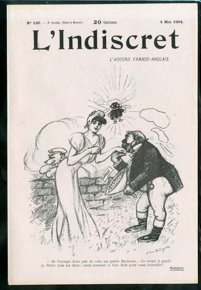 Omslag til “” L'Indiscret””, nummer 1, satirisk i svart-hvitt av Maurice Radiguet