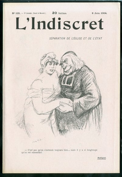 Omslag til “” L'Indiscret””, nummer 1, satirisk i svart-hvitt av Maurice Radiguet