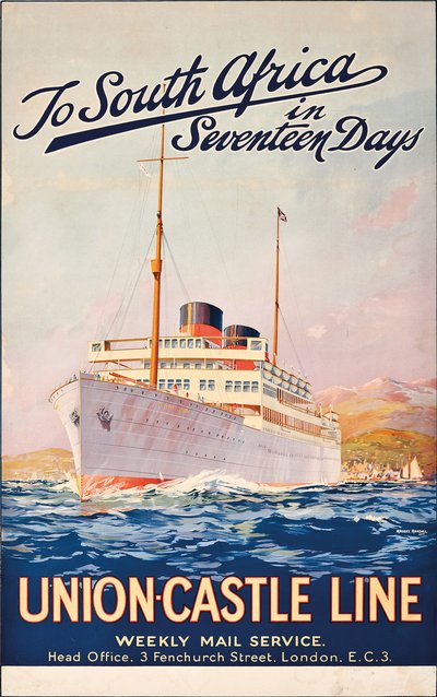 Til Sør-Afrika om sytten dager; en reklameplakat for Union Castle Line, av Maurice Randall
