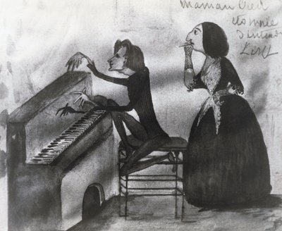 Karikatur av Franz Liszt (1811-1886) og George Sand (1804-1876) i Nohant i 1832, tegning av Maurice Sand (1825-1889) av Maurice Sand