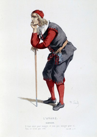Kostyme for karakteren til Harpagon i stykket "" L'avare"" av Moliere (Jean Baptiste Poquelin). illustrasjon av Maurice Sand (1823-1889) Paris fra 1800-tallet, Comedie francaise av Maurice Sand
