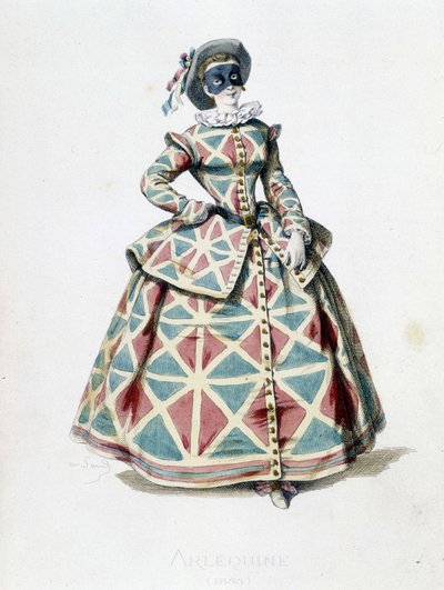 Harlekin-kostyme og maske i 1855, kvinnelig karakter av Harlekin i commedia dell