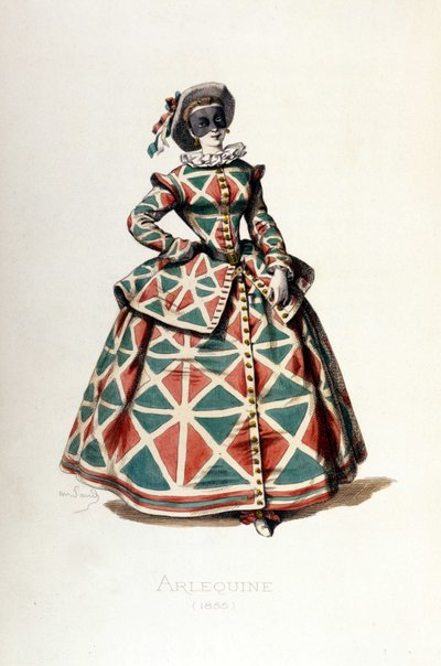 Harlekin-kostyme og maske i 1855, kvinnelig karakter av Harlekin i commedia dell