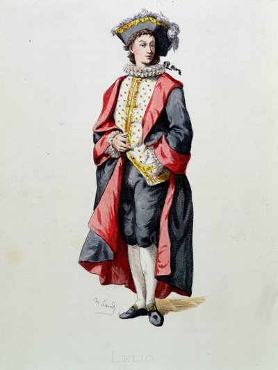 Lelio tegner fra «Masques et bouffons» (italiensk komedie), tekst og tegninger av Maurice Sand (1823-1890), graveringer av A. Manceau, forord av Georges Sand, Paris, Michel Levy Freres av Maurice Sand