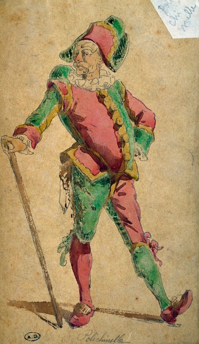 Pulcinella, Commedia dell'arte-karakter, tegning av Maurice Sand (1823-1889) av Maurice Sand