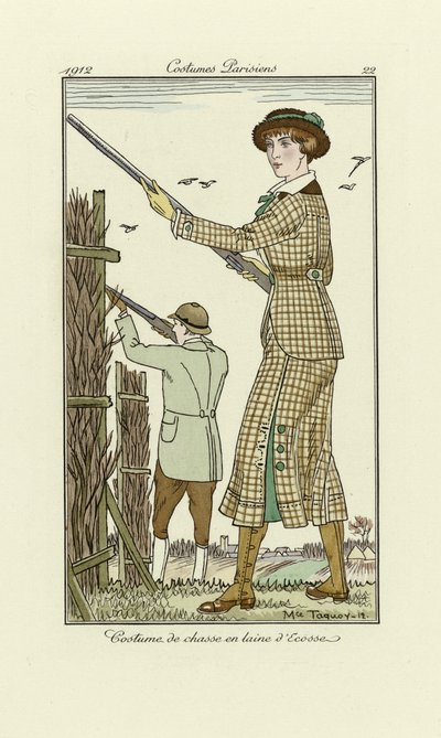 Design for tweed skyteantrekk for damer, fra Costumes Parisien, pub.1912 (pochoir-trykk) av Maurice Taquoy