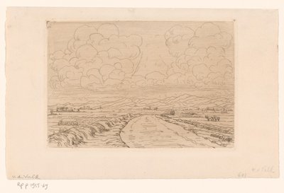 Landevei gjennom landskap med åser i horisonten av Maurits van der Valk