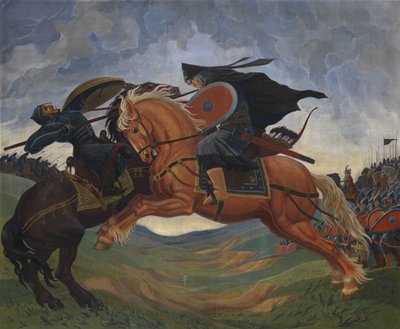 Enkeltkamp av Peresvet og Temir-murza på Kulikovo-feltet i 1380 av Mavriki Petrovich Jacobi