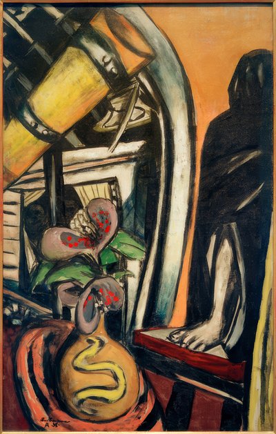 Atelier (natt). Stilleben med et teleskop og en tilslørt figur av Max Beckmann