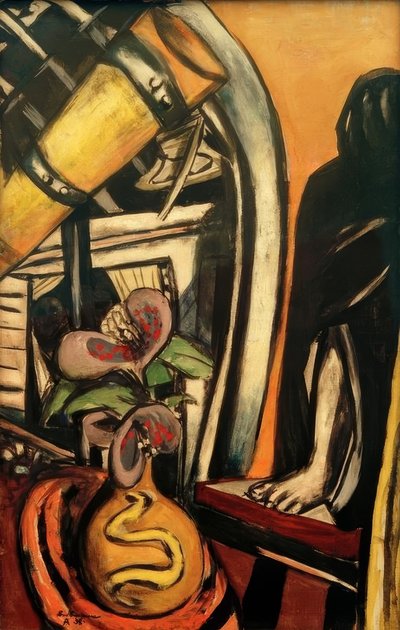 Atelier (natt). Stilleben med et teleskop og en tilslørt figur av Max Beckmann