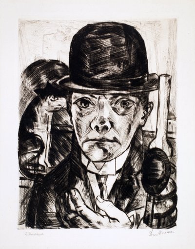Selvportrett med bowlerhatt. Gravering av Max Bechmann (1884-1950) av Max Beckmann