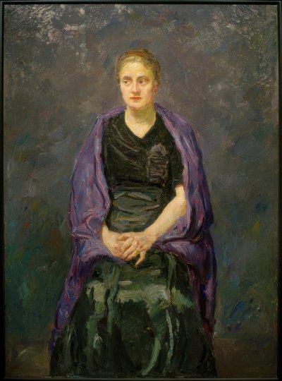 Portrett av Minna Beckmann-Tube med lilla skjerf av Max Beckmann