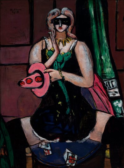 Karnevalsmaske, grønn, fiolett og rosa (akeleje) av Max Beckmann