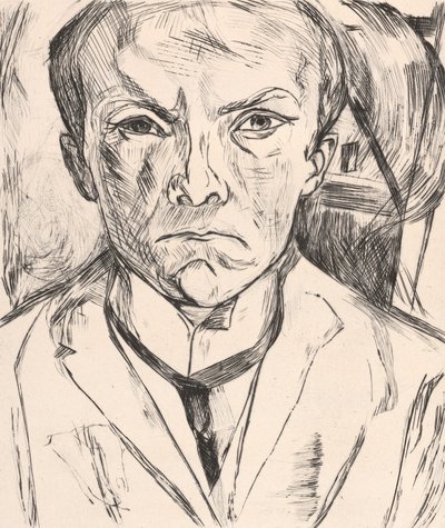 Selvportrett forfra med husgavl i bakgrunnen av Max Beckmann
