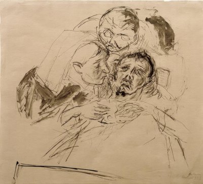Sykepleier og mannsfigur, bøyd over en syk person av Max Beckmann